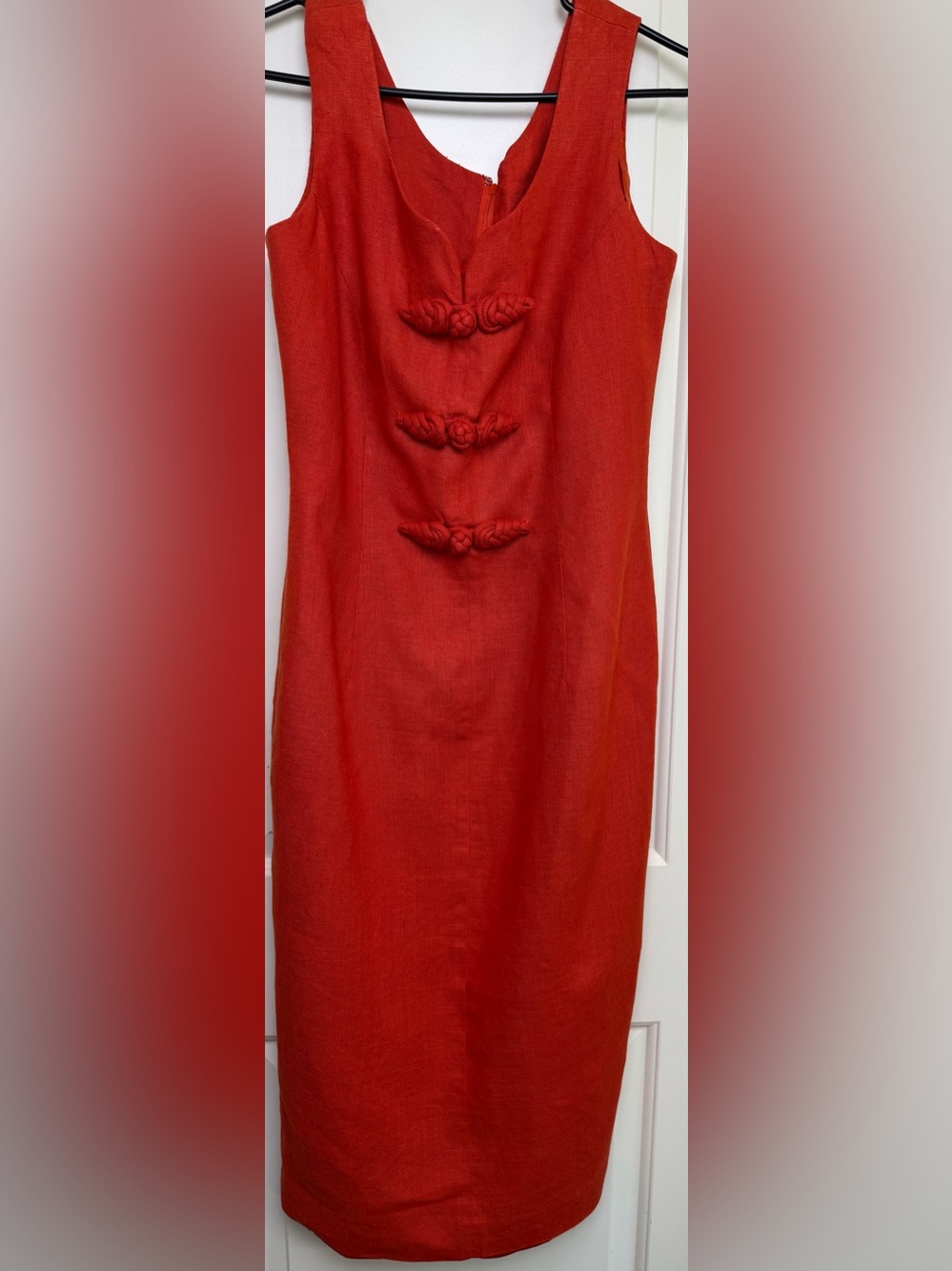 Vintage Santa Fe Jim Tremblay 100% Linen Rust Midi Dress Size 8 Frog Knot